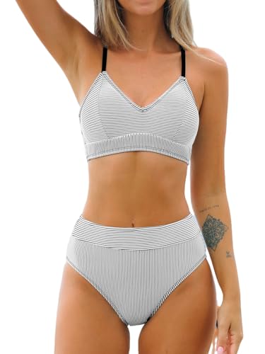 CUPSHE Damen Bikini Set V Ausschnitt High Waist Lace Up Streifenmuster Bikini Bademode Zweiteiliger Badeanzug Swimsuit Weiß/Streifen S von CUPSHE