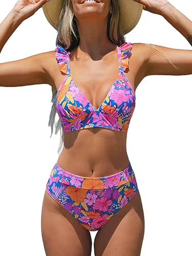 CUPSHE Damen Bikini Set V Ausschnitt High Waist Rüschenträger Blumenmuster Bademode Zweiteiliger Badeanzug Swimsuit Rosa Blumen S von CUPSHE