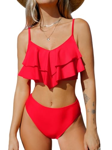 CUPSHE Damen Bikini Set V Ausschnitt High Waist Tiered Ruffled Bademode Zweiteiliger Badeanzug Swimsuit Rot S von CUPSHE