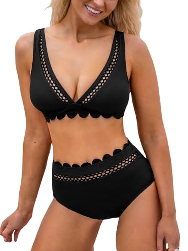 CUPSHE Damen Bikini Set V Ausschnitt High Waist Wellenkante Bikini Fischnetz Cutouts Texturierte Bademode Zweiteiliger Badeanzug Swimsuit Schwarz M von CUPSHE