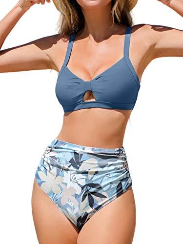 CUPSHE Damen Bikini Set V Ausschnitt Knoten Zierausschnitten Lace Up High Waist Blumenmuster Bademode Zweiteiliger Badeanzug Swimsuit Graublau XS von CUPSHE