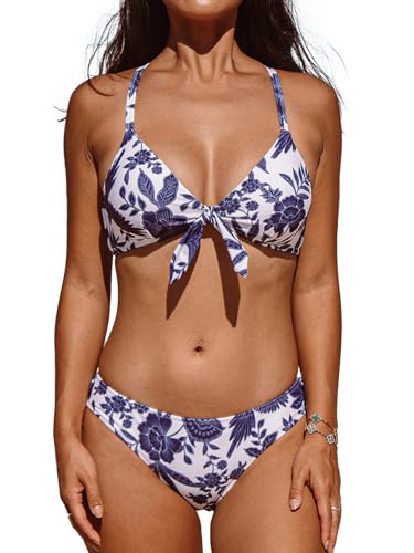 CUPSHE Damen Bikini Set V Ausschnitt Knoten vorne Bikini Low Waist Crossback Bademode Zweiteiliger Badeanzug Swimsuit Weiß/Marineblau/Blumenmuster XS von CUPSHE