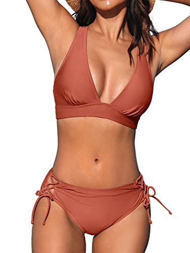 CUPSHE Damen Bikini Set V Ausschnitt Lace Up Bikini Bademode Crossback Low Waist Zweiteiliger Badeanzug Swimsuit Deep Coral Red M von CUPSHE