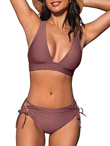 CUPSHE Damen Bikini Set V Ausschnitt Lace Up Crossback Low Waist Bademode Zweiteiliger Badeanzug Swimsuit Helllila L von CUPSHE