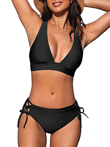 CUPSHE Damen Bikini Set V Ausschnitt Lace Up Crossback Low Waist Bademode Zweiteiliger Badeanzug Swimsuit Schwarz XS CUPSHE Damen Bikini Set V Ausschnitt Lace Up Crossback Low Waist Bademode Zweiteiliger Badeanzug Swimsuit Schwarz XS von CUPSHE
