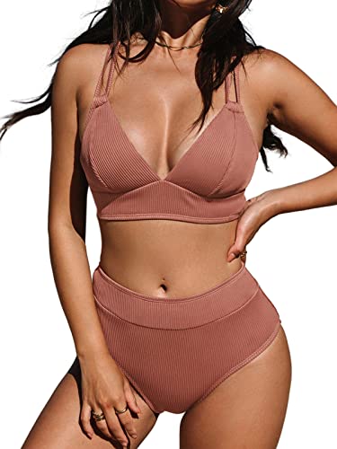 CUPSHE Damen Bikini Set V Ausschnitt Lace Up High Waist Bikini Bademode Breites Unterbrustband Zweiteiliger Badeanzug Swimsuit Ziegelrot S von CUPSHE