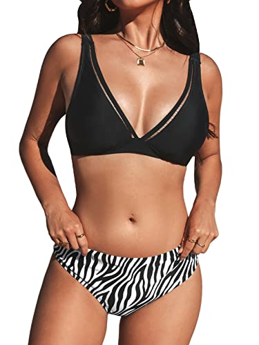 CUPSHE Damen Bikini Set V Ausschnitt Ladder Trim Mid Waist Hakenverschluss Bademode Zweiteiliger Badeanzug Swimsuit Zebra-Print XS CUPSHE Damen Bikini Set V Ausschnitt Ladder Trim Mid Waist Hakenverschluss Bademode Zweiteiliger Badeanzug Swimsuit Zebra-Print XS von CUPSHE