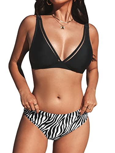 CUPSHE Damen Bikini Set V Ausschnitt Ladder Trim Mid Waist Hakenverschluss Bademode Zweiteiliger Badeanzug Swimsuit Zebra-Print XS von CUPSHE