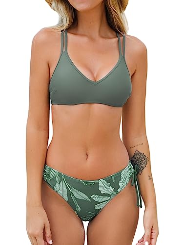 CUPSHE Damen Bikini Set V Ausschnitt Low Waist Bademode Crossback Tunnelzug Zweiteiliger Badeanzug Swimsuit Salbeigrün/Tropisch S von CUPSHE