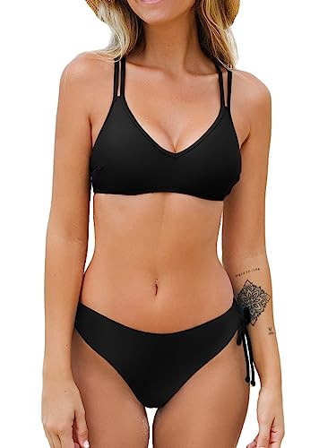 CUPSHE Damen Bikini Set V Ausschnitt Low Waist Bademode Crossback Tunnelzug Zweiteiliger Badeanzug Swimsuit Schwarz S von CUPSHE