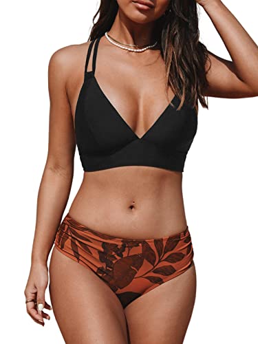 CUPSHE Damen Bikini Set V Ausschnitt Mid Waist Breites Unterbrustband Blättermuster Bademode Zweiteiliger Badeanzug Swimsuit Black Brown Leaf S von CUPSHE