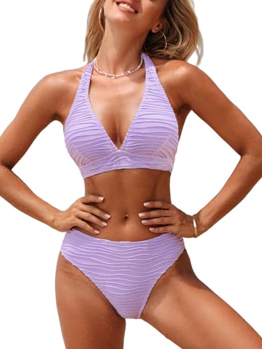 CUPSHE Damen Bikini Set V Ausschnitt Neckholder Mid Waist Wave Texturierte Bademode Zweiteiliger Badeanzug Swimsuit Lavendel Lila L von CUPSHE
