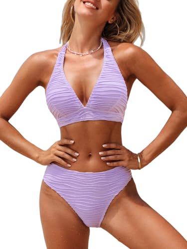 CUPSHE Damen Bikini Set V Ausschnitt Neckholder Mid Waist Wave Texturierte Bademode Zweiteiliger Badeanzug Swimsuit Lavendel Lila S von CUPSHE