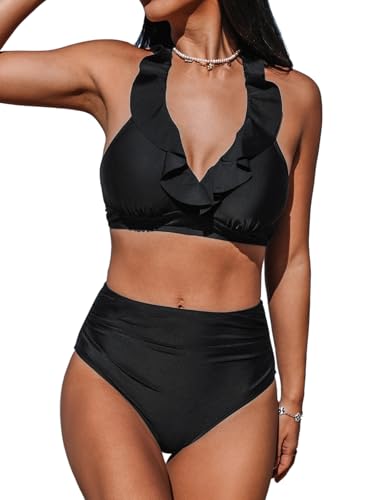 CUPSHE Damen Bikini Set V Ausschnitt Neckholder Volant Bikini High Waist Bauchkontrolle Bademode Zweiteiliger Badeanzug Swimsuit Schwarz XS CUPSHE Damen Bikini Set V Ausschnitt Neckholder Volant Bikini High Waist Bauchkontrolle Bademode Zweiteiliger Badeanzug Swimsuit Schwarz XS von CUPSHE