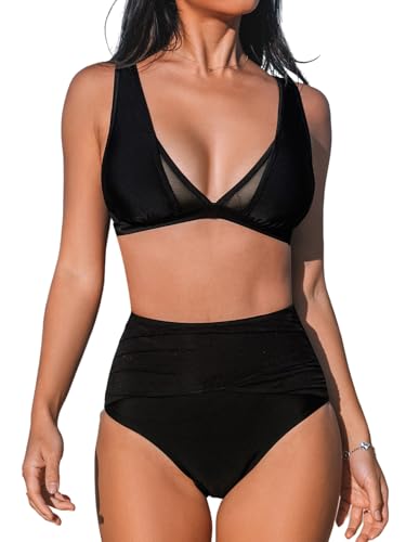 CUPSHE Damen Bikini Set V Ausschnitt Netzstoff Bikini High Waist Bauchkontrolle Elegant Bademode Zweiteiliger Badeanzug Swimsuit Schwarz M CUPSHE Damen Bikini Set V Ausschnitt Netzstoff Bikini High Waist Bauchkontrolle Elegant Bademode Zweiteiliger Badeanzug Swimsuit Schwarz M von CUPSHE