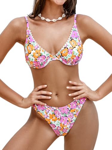 CUPSHE Damen Bikini Set V Ausschnitt Push Up Bügel Spitzen Wellenkante Low Waist High Leg Cut Bademode Zweiteiliger Badeanzug Swimsuit Rosa/Orange Blumenmuster M von CUPSHE