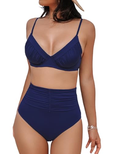 CUPSHE Damen Bikini Set V Ausschnitt Raffung Bügel Push Up High Waist Bauchweg Bikini Bademode Zweiteiliger Badeanzug Swimsuit Marineblau M von CUPSHE