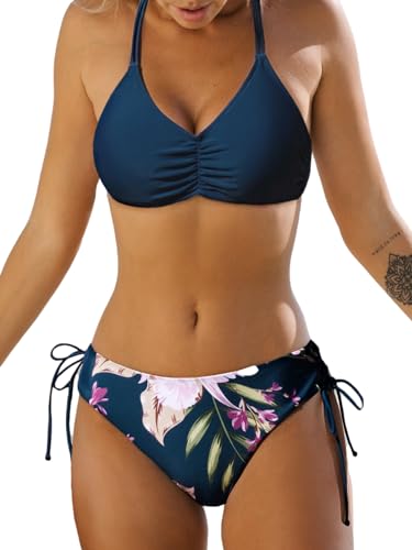 CUPSHE Damen Bikini Set V Ausschnitt Raffung Lace Up Bikini Bademode Reversible Bikinihose Blumenmuster Zweiteiliger Badeanzug Swimsuit Marineblau/Blume L von CUPSHE