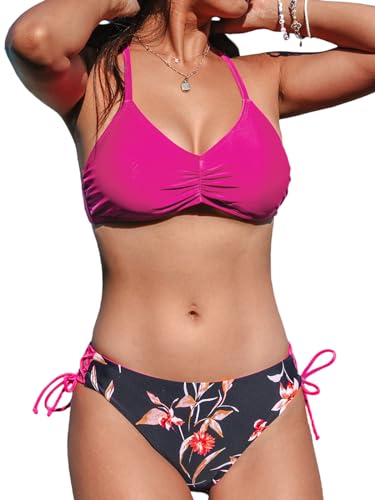 CUPSHE Damen Bikini Set V Ausschnitt Raffungen Geflochtene Träger Reversible Bikinihose Lace Up Bademode Zweiteiliger Badeanzug Swimsuit Magenta/Rot Blumig S von CUPSHE