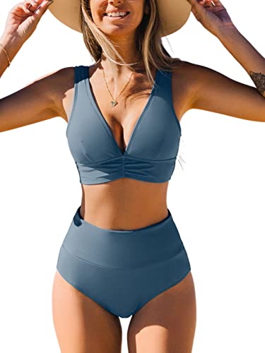 CUPSHE Damen Bikini Set V Ausschnitt Raffungen High Waist Breite Träger Bademode Zweiteiliger Badeanzug Swimsuit Silberseeblau S von CUPSHE