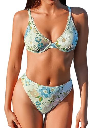CUPSHE Damen Bikini Set V Ausschnitt Spitzenborten Bügel Push Up High Waist Bikini Bademode Zweiteiliger Badeanzug Swimsuit Blasscreme/Blumenmuster L von CUPSHE