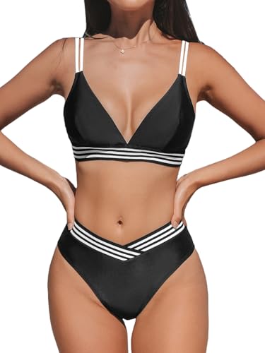 CUPSHE Damen Bikini Set V Ausschnitt Streifen Low Waist V förmig Wickeloptik Zweiteiliger Badeanzug Bademode für Sommer und Strand Schwarz/Weiß XS CUPSHE Damen Bikini Set V Ausschnitt Streifen Low Waist V förmig Wickeloptik Zweiteiliger Badeanzug Bademode für Sommer und Strand Schwarz/Weiß XS von CUPSHE