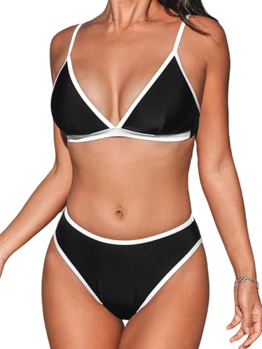 CUPSHE Damen Bikini Set V Ausschnitt Triangel Bikini Mid Waist Kontrastpaspel Bademode Zweiteiliger Badeanzug Swimsuit Schwarz M von CUPSHE