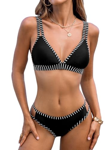 CUPSHE Damen Bikini Set V Ausschnitt Triangel Bikini mit Doppelträgern Kontrastpaspel Mid Waist Cut Out Bademode Zweiteiliger Badeanzug Swimsuit Schwarz L von CUPSHE