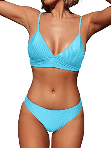 CUPSHE Damen Bikini Set V Ausschnitt Triangel Breites Unterbrustband Rippstruktur Bademode Zweiteiliger Badeanzug Swimsuit Helles Himmelblau M von CUPSHE