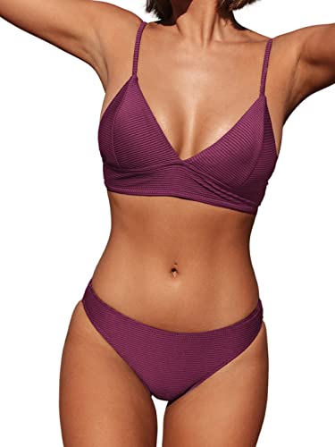 CUPSHE Damen Bikini Set V Ausschnitt Triangel Breites Unterbrustband Rippstruktur Bademode Zweiteiliger Badeanzug Swimsuit Lila L von CUPSHE