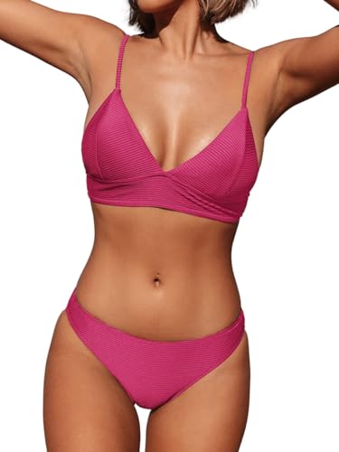 CUPSHE Damen Bikini Set V Ausschnitt Triangel Breites Unterbrustband Rippstruktur Bademode Zweiteiliger Badeanzug Swimsuit Rose S von CUPSHE