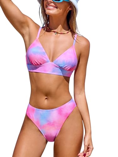 CUPSHE Damen Bikini Set V Ausschnitt Triangel Bunt Batik Lace Up Mid Waist Bikini Texturierter Zweiteiliger Badeanzug Bademode Bonbonrosa M von CUPSHE