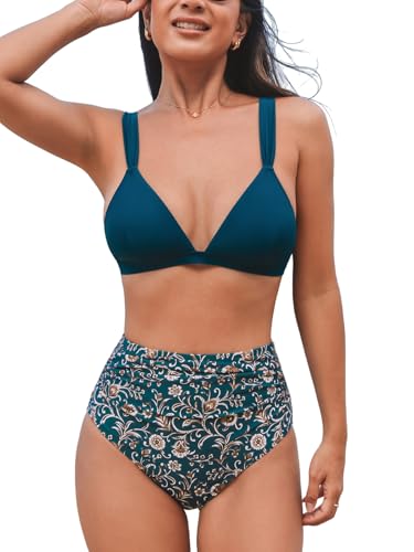 CUPSHE Damen Bikini Set V Ausschnitt Triangel High Waist Bauchweg Raffung Breite Träger Zweiteiliger Badeanzug Bademode Marineteal/Paisley L von CUPSHE