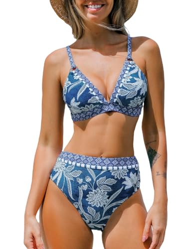 CUPSHE Damen Bikini Set V Ausschnitt Triangel High Waist Bikini Jeans-Look Paisley Print Bademode Zweiteiliger Badeanzug Swimsuit Dämmerungsblau/Paisley S von CUPSHE