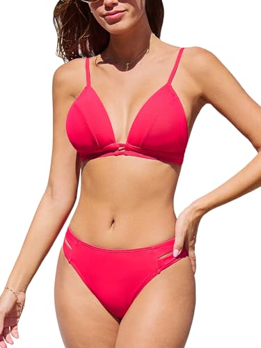 CUPSHE Damen Bikini Set V Ausschnitt Triangel Mid Waist Strappy High Cut Zweiteiliger Badeanzug Bademode Erdbeerrot XL von CUPSHE