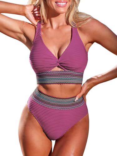 CUPSHE Damen Bikini Set V Ausschnitt Twist Front High Waist Sport Bikini Bademode Farbige Wellenmuster Zweiteiliger Badeanzug Swimsuit Magenta/Violett L von CUPSHE