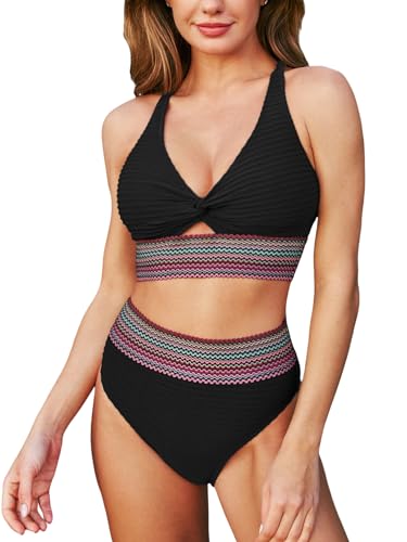 CUPSHE Damen Bikini Set V Ausschnitt Twisted High Waist Sport Bikini Bademode Farbige Wellenmuster Zweiteiliger Badeanzug Swimsuit Schwarz L von CUPSHE