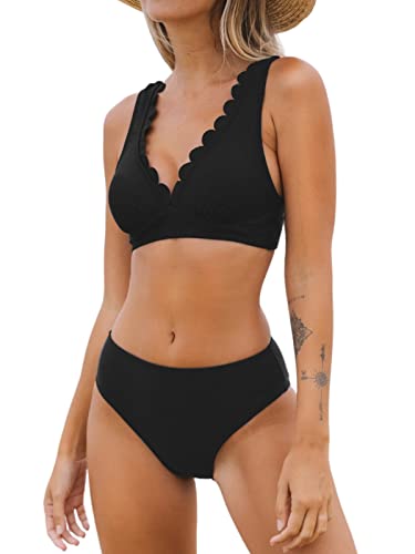 CUPSHE Damen Bikini Set V Ausschnitt Wellenkante Breite Träger Mid Waist Bademode Zweiteiliger Badeanzug Swimsuit Schwarz XS von CUPSHE