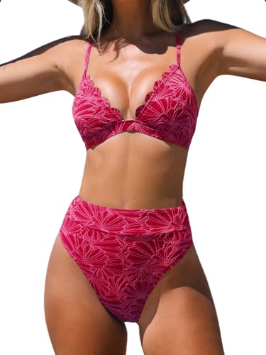 CUPSHE Damen Bikini Set V Ausschnitt Wellenkante High Waist Bikini Triangel Blumenmuster Texturierte Bademode Zweiteiliger Badeanzug Swimsuit Fuchsia Rot L von CUPSHE