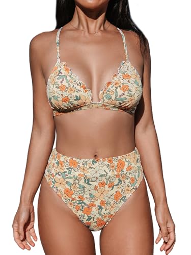 CUPSHE Damen Bikini Set V Ausschnitt Wellenkante High Waist Bikini Triangel Blumenmuster Texturierte Bademode Zweiteiliger Badeanzug Swimsuit Gelb/Blumenmuster S von CUPSHE