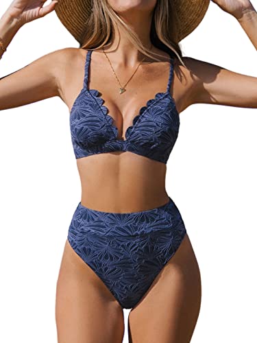 CUPSHE Damen Bikini Set V Ausschnitt Wellenkanten High Waist Bikini Bademode Jacquard Blumenmuster Zweiteiliger Badeanzug Swimsuit Navy M von CUPSHE