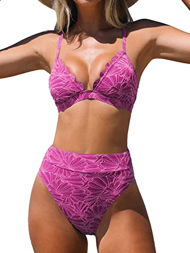 CUPSHE Damen Bikini Set V Ausschnitt Wellenkanten High Waist Bikini Bademode Jacquard Blumenmuster Zweiteiliger Badeanzug Swimsuit Rot XL von CUPSHE