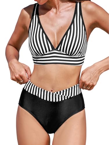 CUPSHE Damen Bikini Set V Ausschnitt Wickel High Waist Bikini Breite Träger Streifenmuster Bademode Zweiteiliger Badeanzug Swimsuit Schwarz/Weiß M von CUPSHE