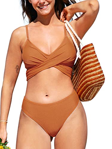 CUPSHE Damen Bikini Set V Ausschnitt Wickeloptik Bikini Bademode Mid Waist Zweiteiliger Badeanzug Swimsuit Braun S von CUPSHE