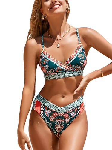 CUPSHE Damen Bikini Set V Ausschnitt Wickeloptik High Waist Bikini Bademode Boho Blumenmuster Zweiteiliger Badeanzug Swimsuit Dunkelgrün/Blumenmuster M von CUPSHE