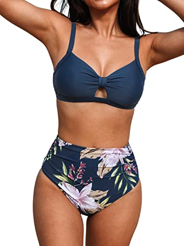 CUPSHE Damen Bikini Set V Ausschnitt Zierausschnitten Lace Up Bikini Bademode High Waist Blumenmuster Zweiteiliger Badeanzug Swimsuit Dunkelblau S von CUPSHE