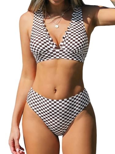 CUPSHE Damen Bikini Set V Ausschnitt Zweiteilige Bademode Spitzenbesatz Kreuzverbund Rücken Selbstbindend Badeanzug Damen Schwimmanzug Braun/Beige Gingham XL von CUPSHE