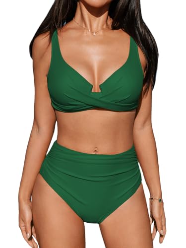 CUPSHE Damen Bikini Set Wickeloptik Crossover Bügel Push Up High Waist Bikini Bademode Zweiteiliger Badeanzug Swimsuit Alpengrün XL CUPSHE Damen Bikini Set Wickeloptik Crossover Bügel Push Up High Waist Bikini Bademode Zweiteiliger Badeanzug Swimsuit Alpengrün XL von CUPSHE