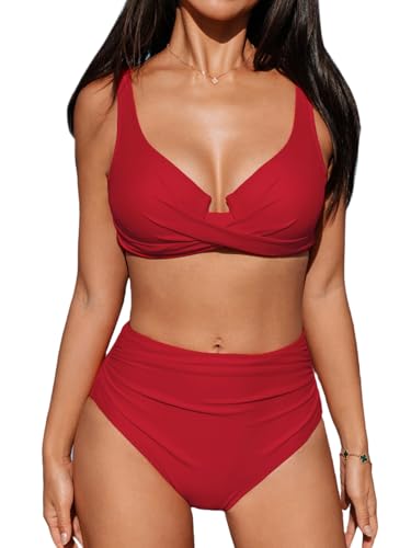 CUPSHE Damen Bikini Set Wickeloptik Crossover Bügel Push Up High Waist Bikini Bademode Zweiteiliger Badeanzug Swimsuit Einfarbig Rot M von CUPSHE