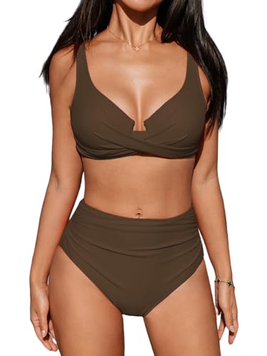 CUPSHE Damen Bikini Set Wickeloptik Crossover Bügel Push Up High Waist Bikini Bademode Zweiteiliger Badeanzug Swimsuit Schokoladenbraun S von CUPSHE